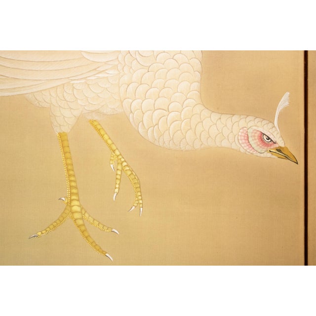 "White Peacock & Peony" by Ryumin, Large Vintage Japanese Painted Silk Byobu Screen For Sale - Image 12 of 18