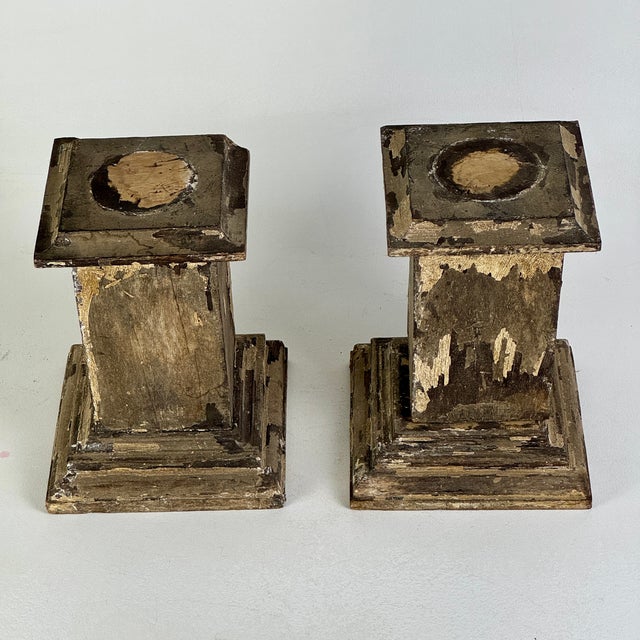 Wood Pair of Small Vintage Wood Pedestals With Remnant Paint, for Multi Purpose Use For Sale - Image 7 of 9