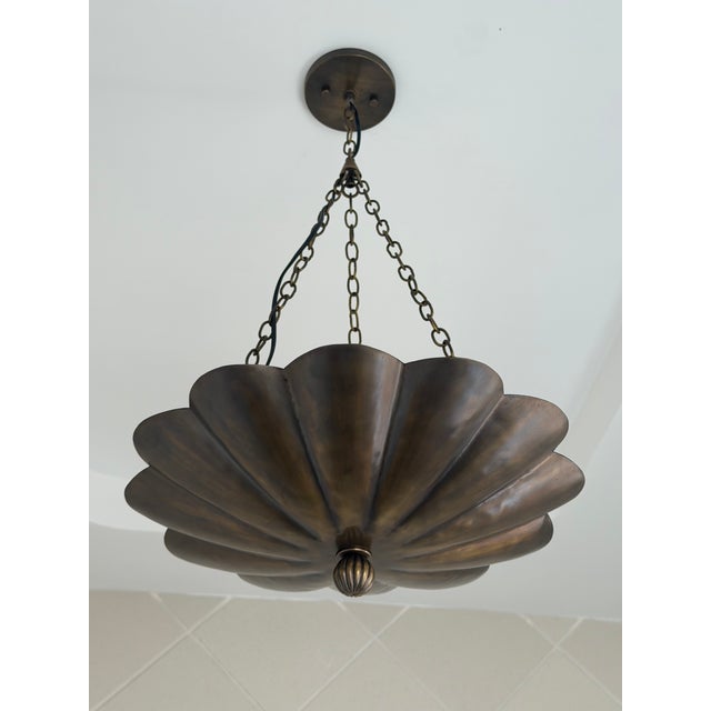 Art Nouveau Petal Pendant Light, Antique Brass Finish Solid Brass Flower Shade, 4 Light Hanging Fixture For Sale - Image 10 of 12