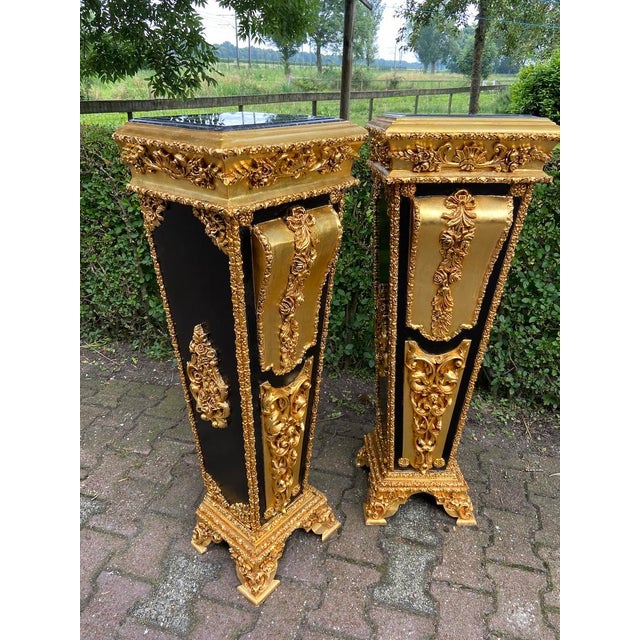 French 1990 French Louis XVI Gold Black Beech Wood Marble Pedestals Pair For Sale - Image 3 of 12