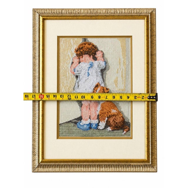 Vintage Set of 2 Framed Needlepoint Art Child & Dog Gold Frames Cottagecore 20.5x17" For Sale In Pittsburgh - Image 6 of 9