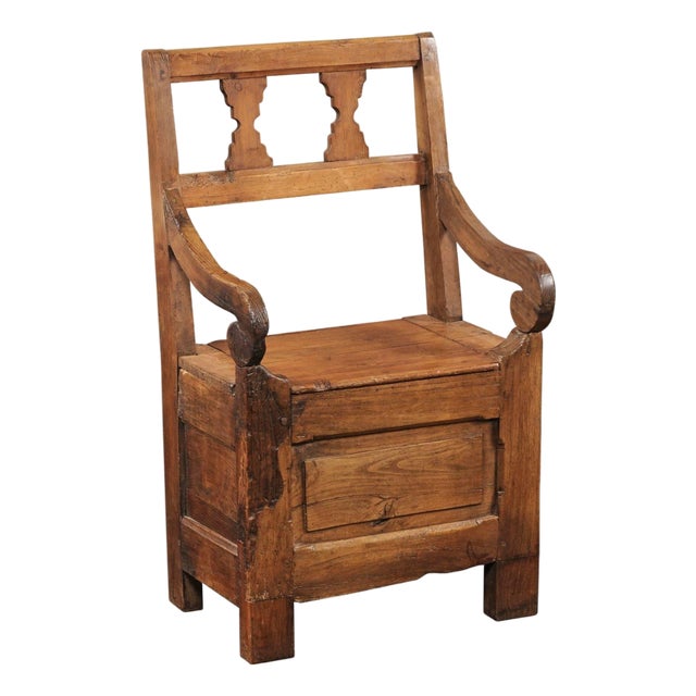 English Country Pine Chair circa 1800 with Scrolled Arms and Lift-Top Seat For Sale