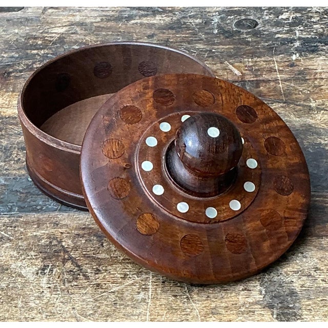 Wood Vintage Round Wood Inlay Trinket Box For Sale - Image 7 of 15