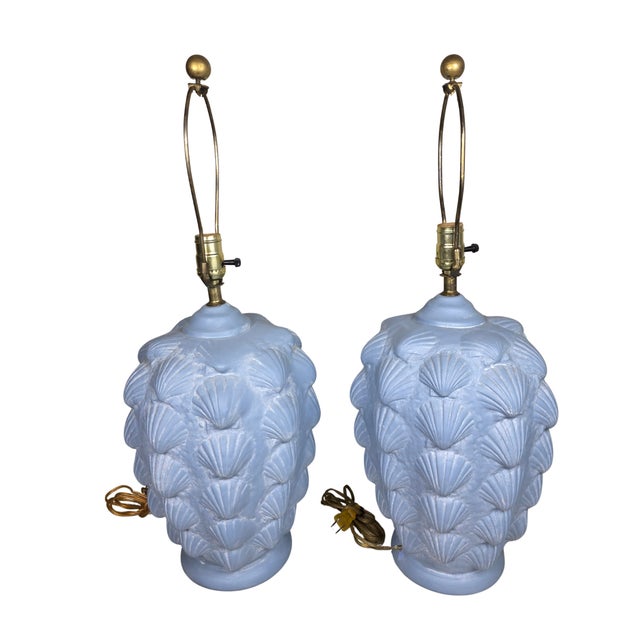 Vintage Hollywood Regency Blue Scallop Shell Lamps |- Coastal Neoclassical - a Pair For Sale In Baton Rouge - Image 6 of 12
