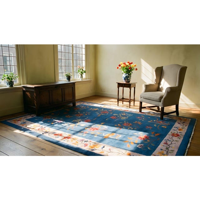 1920s Royal Blue Floral Antique Chinese Art Deco Rug 6'0" X 8'9" Knotted Wool Carpet For Sale - Image 11 of 12