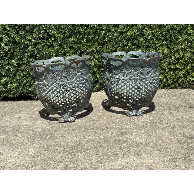 Matching Pair of Antique Victorian Cast Iron Reticulated/Lacework Planters For Sale - Image 13 of 18