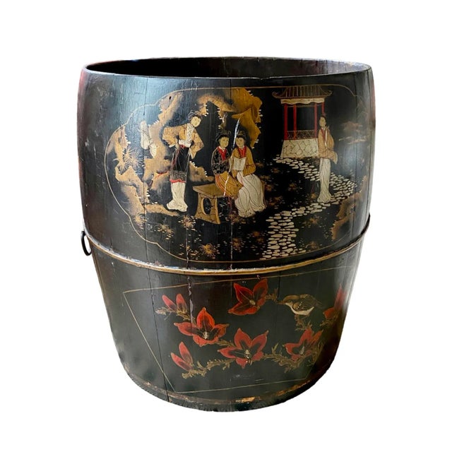 19th Century Chinese / Chinoiserie Large Scenic Black Painted Wood Rice Barrel / Basket For Sale In Dallas - Image 6 of 10