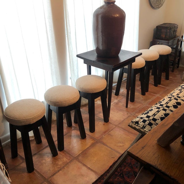 Linen 1930s English Pub Stools With Linen Upholstery - Set 3 For Sale - Image 8 of 10