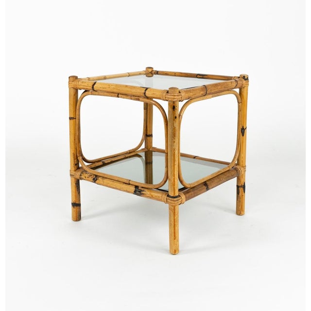 Gold Mid-Century Side Tables in Rattan, Bamboo and Smoked Glass, Italy, 1970s, Set of 2 For Sale - Image 8 of 15