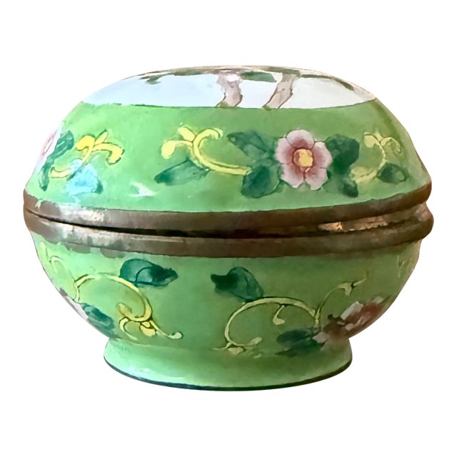 Vintage Apple Green Canton Enamel Floral Trinket Box For Sale