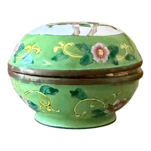 Vintage Apple Green Canton Enamel Floral Trinket Box