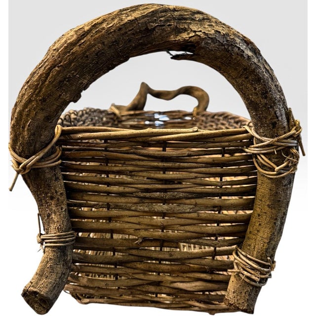 Farmhouse Mid 20th Century Rustic Handcrafted Woven Willow Long Trough Basket With Sculptural Root Handles For Sale - Image 3 of 6