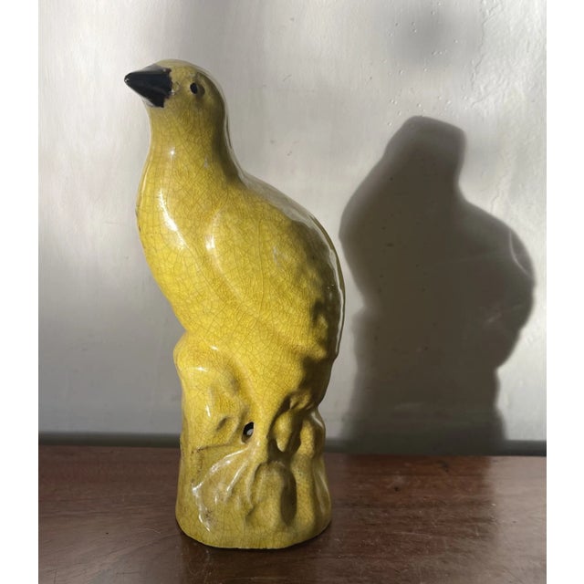 Antique 19th Century Chinese Export Porcelain Bird Figure of a Quail or Dove in Bright Yellow Glaze Standing on Rock Work For Sale - Image 11 of 12