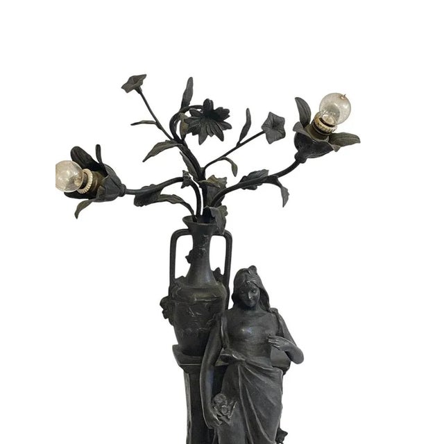 Antique Antimony Table Lamp with Female Figure, Early 20th Century For Sale - Image 3 of 9
