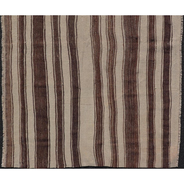 Measures: 3'3 x 4'10 Vintage Turkish Kilim Rug in Ivory and Deep Brown Striped Design. Keivan Woven Arts / rug/EN-14011,...