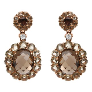 18K Rose Gold Diamond Accent and Lemon and Oval Smoky Color Quartz Gemstone Dangle Drop Earring (G-H Color, SI1-SI2 Clarity) For Sale