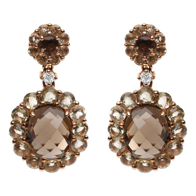 18K Rose Gold Diamond Accent and Lemon and Oval Smoky Color Quartz Gemstone Dangle Drop Earring (G-H Color, SI1-SI2 Clarity) For Sale