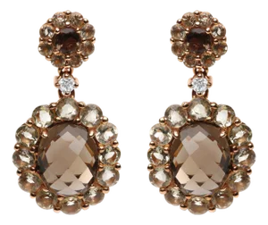 18K Rose Gold Diamond Accent and Lemon and Oval Smoky Color Quartz Gemstone Dangle Drop Earring (G-H Color, SI1-SI2 Clarity)
