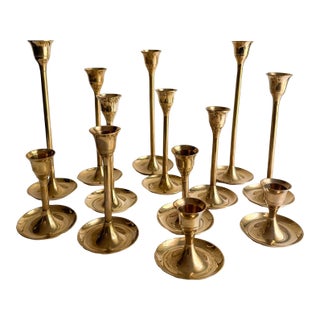 Vintage Brass Candlestick Holders – Set of 13 For Sale
