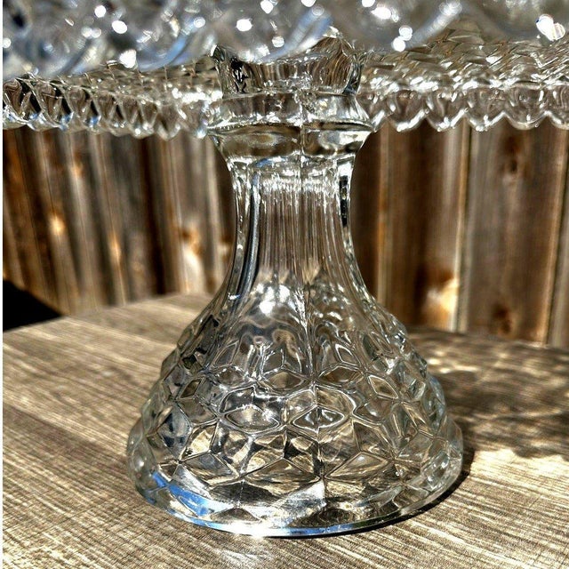 Vintage Fostoria American Clear Glass Square Pedestal Cake Stand / Salver with Rum Well Fostoria American Clear-Excellent...