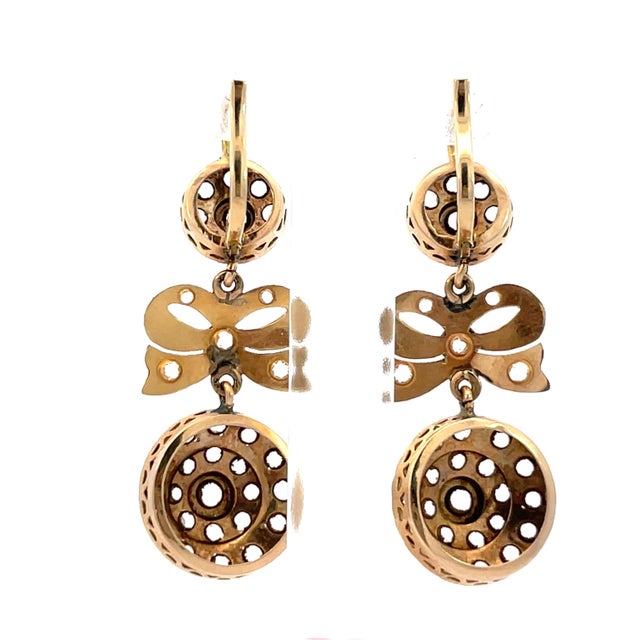 Modern Mid 20th Century Pair of 14k Rose Gold White Sapphire Circle & Bow Cluster Drop Earrings For Sale - Image 3 of 10
