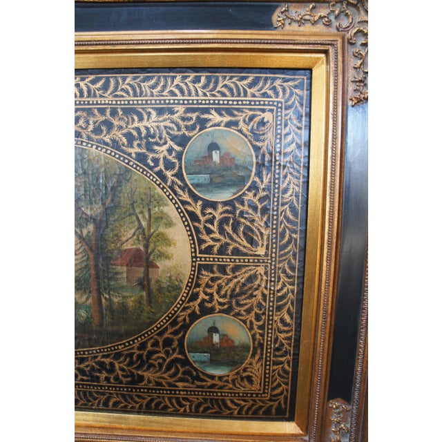 Vintage Tole Hand Painted Woodland Cottage Landscape Framed Metal Toleware 47" For Sale - Image 11 of 12