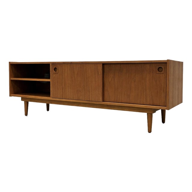 Modern Walnut Credenza / Media Console | Minimalist Sliding Door Sideboard For Sale