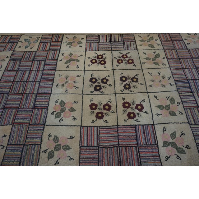 Remarkable Beige Color With Geometric and Floral Design Vintage American Hooked Rug For Sale In New York - Image 6 of 15