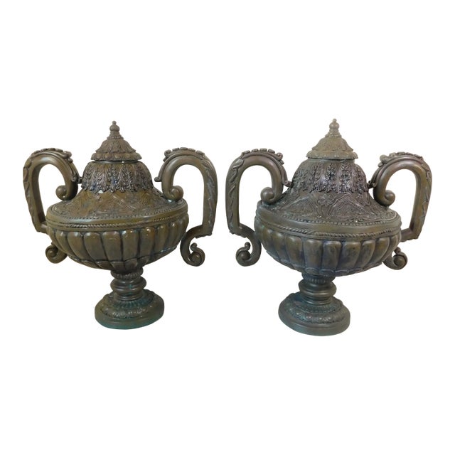 Pair Antique Bronze Urn Garden Statues For Sale