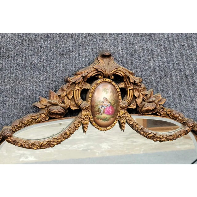 Mid-20th Century Mid-Century French Rococo Style Gilt Wall Mirror With Romantic Courting Couple Porcelain Plaque For Sale - Image 13 of 14