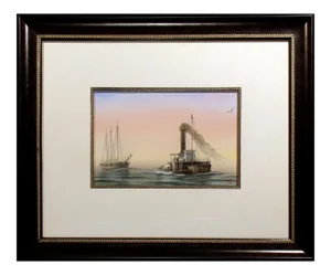 1980s Vintage Pete Peterson "The Tug" Watercolor Painting Sailboat Tug Boat Framed