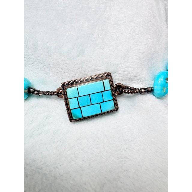 Metal 1970s Hand-Fabricated Sterling and Turquoise Nugget Necklace W/ Mosaic Inlay Clasp For Sale - Image 7 of 16