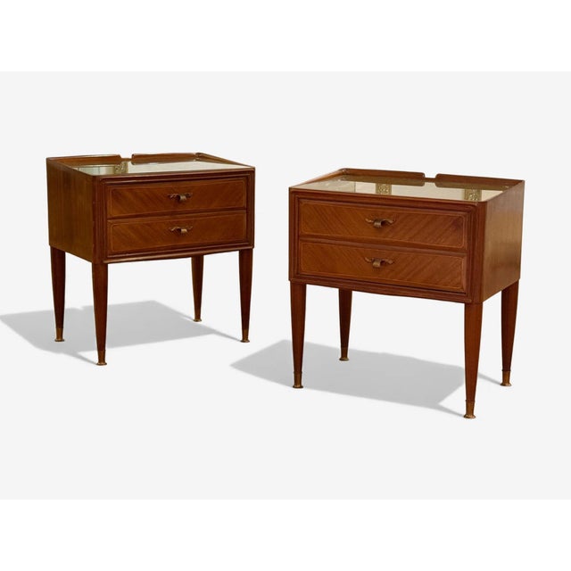 Italian Mid-Century Modern, Stained Wood, Brass, Glass, Nightstands, Italy, 1950s Pair of modernist nightstands in the...