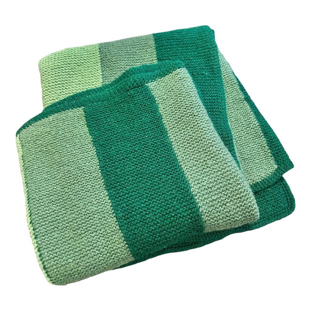 Vintage Mid-20th Century Green Hand Knit Wool Blend Throw For Sale