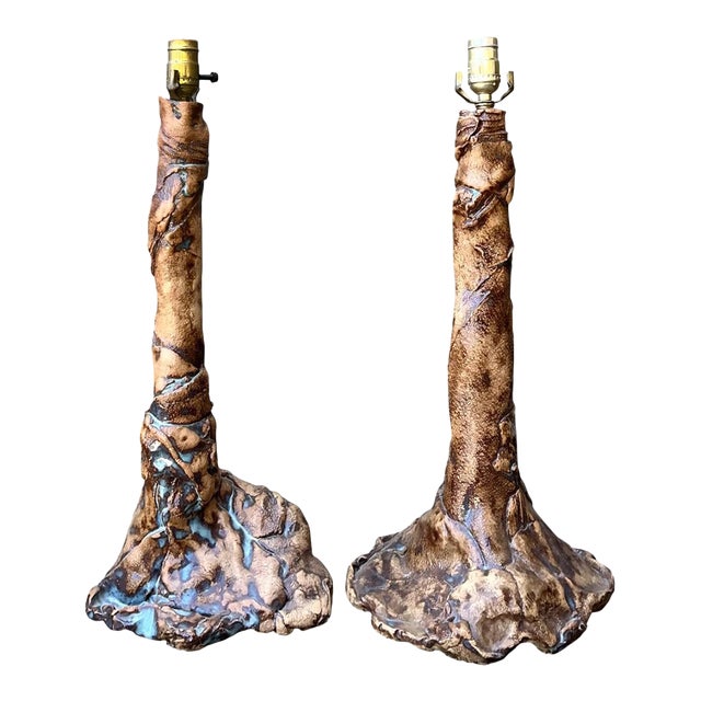 Vintage Hand Made Faux Bois Ceramic Lamps - A Pair For Sale