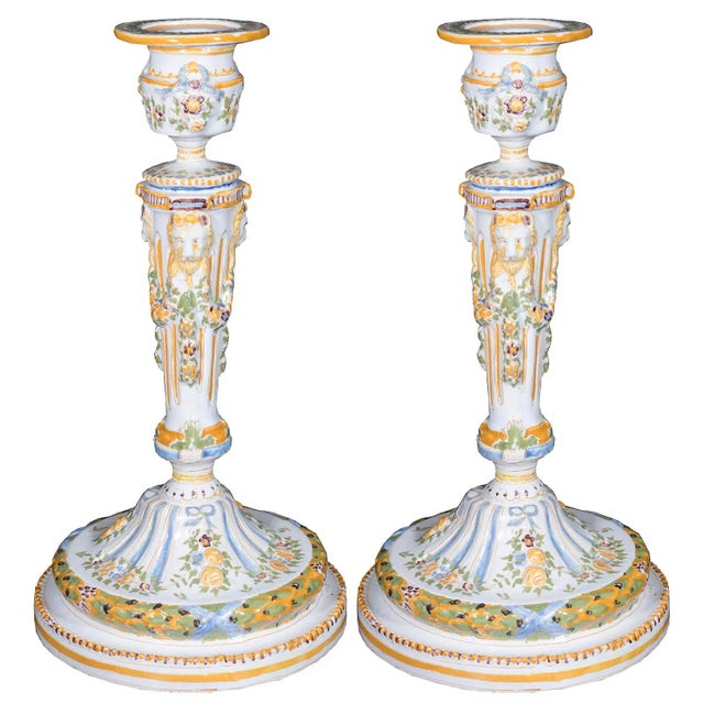 French 19th Century Vintage French Faience Candle Holders- A Pair For Sale - Image 3 of 3