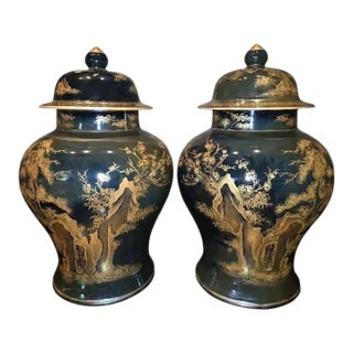 Pair of Mirror Black Chinese Ginger Jars For Sale