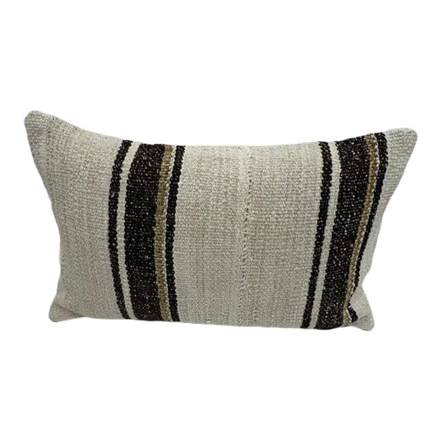 Turkish Hemp Pillow Cushion Natural Beige Black Pillow Cushion Cover 16" x 24" For Sale