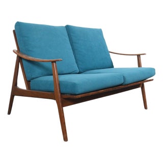 1960s Vintage Teak Framed Loveseat With Jewel Toned Cushions For Sale