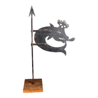 Antique French Iron Weathervane With Fantasy Fish and Crown For Sale