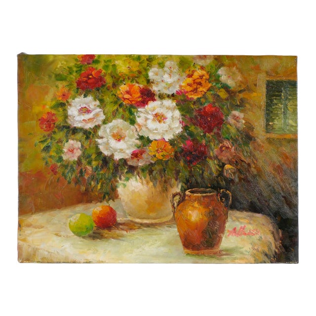 Vintage French Floral Oil Painting For Sale