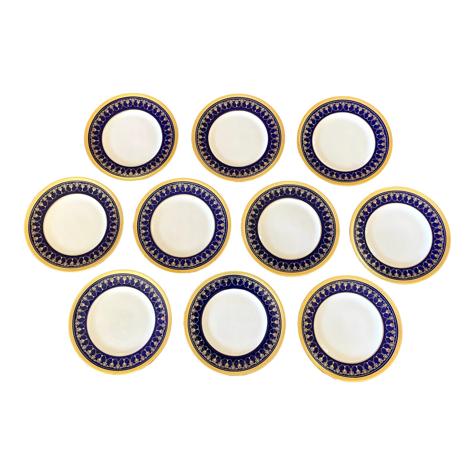 1980s Royal Worcester Imperial Bone China Gold Cobalt Blue Bread & Butter Plates Set of 10