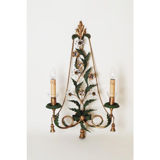 Gilt Wall Lamp with Crystal Flowers and Tassels, 1960 For Sale - Image 10 of 14