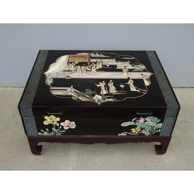 Chinoiserie Vintage Oriental Asian Black Chinoiserie Coffee Table Storage Box For Sale - Image 3 of 13