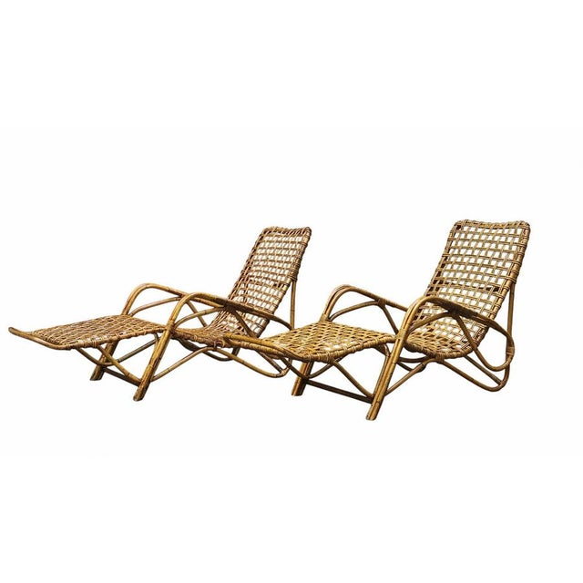 Mid-Century Modern Woven Rattan and Bamboo Chaise Longues attributed to Tito Agnoli, Italy, 1960s, Set of 2 For Sale - Image 3 of 9