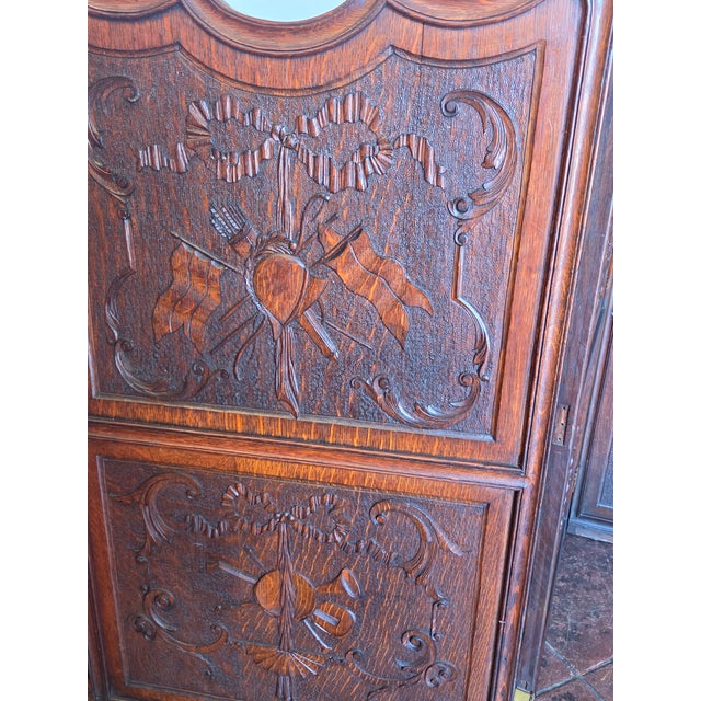 Wood Art Nouveau Three-Panel Hand Carved Oak Screen Military or Musical Dressing Screen For Sale - Image 7 of 13
