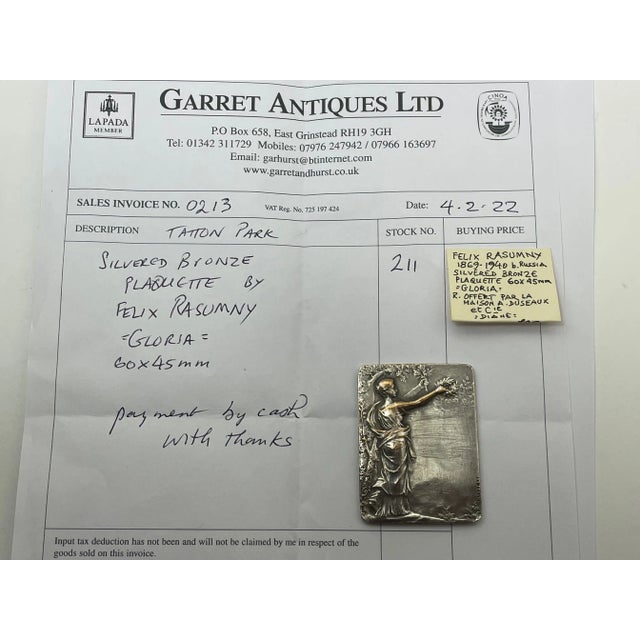 Art Deco Silvered Bronze Small Plaque Sculpture Gloria Signed Felix Rasumny For Sale - Image 12 of 13