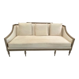Wood Framed Sofa in White Linen For Sale