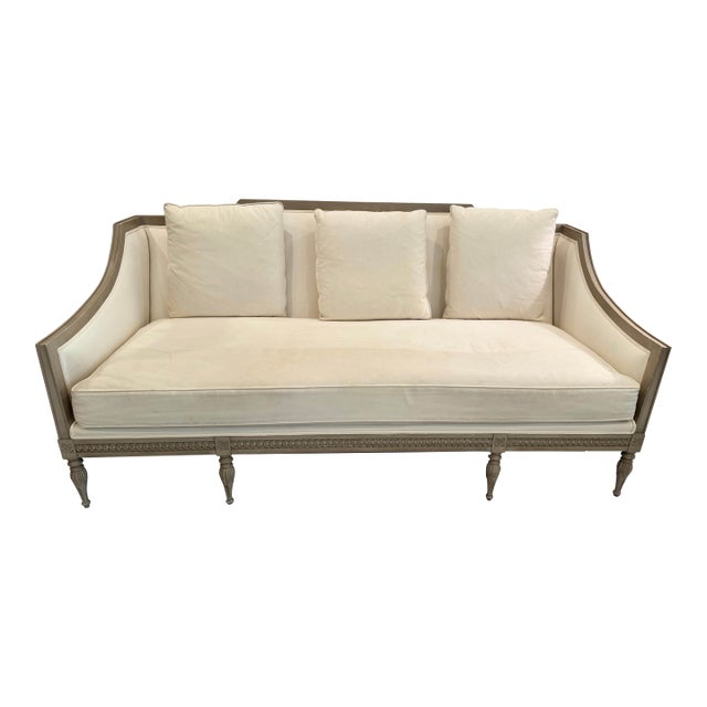 Wood Framed Sofa in White Linen For Sale