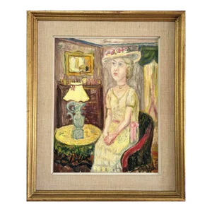 1950 Mid-Century Modern Swedish "Landscape Light" Vintage Interior Figurative Oil Painting, FramedLady in Yellow